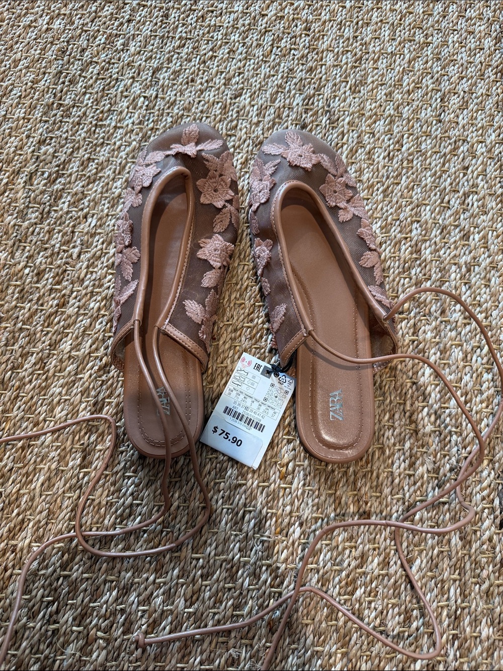 ZARA Pink Floral Lace Slingback Flats with Ankle Ties